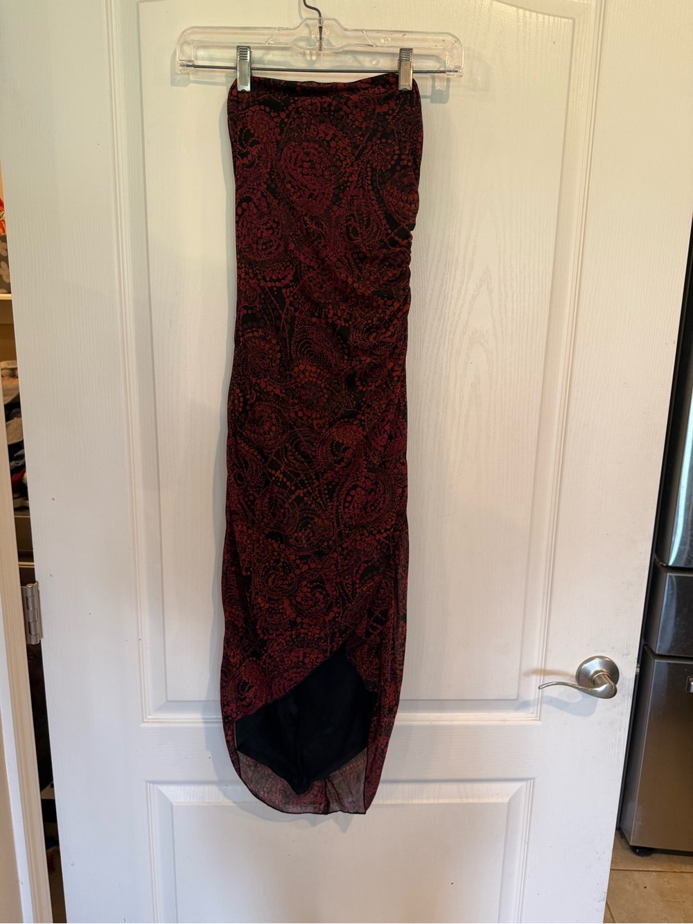 Rampage Y2K red black paisley ruched sides asymmetrical strapless dress small